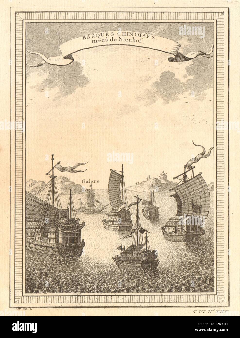 "Barques Chinoises". China. Chinesische Dschunken oder Boote, von Nieuhof 1748 Drucken Stockfoto