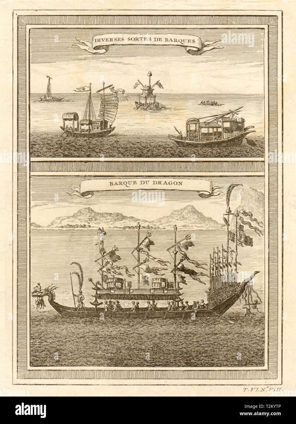 "Barke du Dragon'. Chinesische Boote. Dschunken. Drachenboot. China 1748 alten Drucken Stockfoto