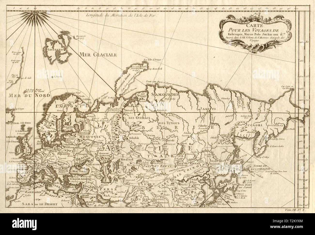 'Les Voyages de Rubruquis, Marco Polo, Jenkinson' Asien Entdecker BELLIN 1749 Karte Stockfoto