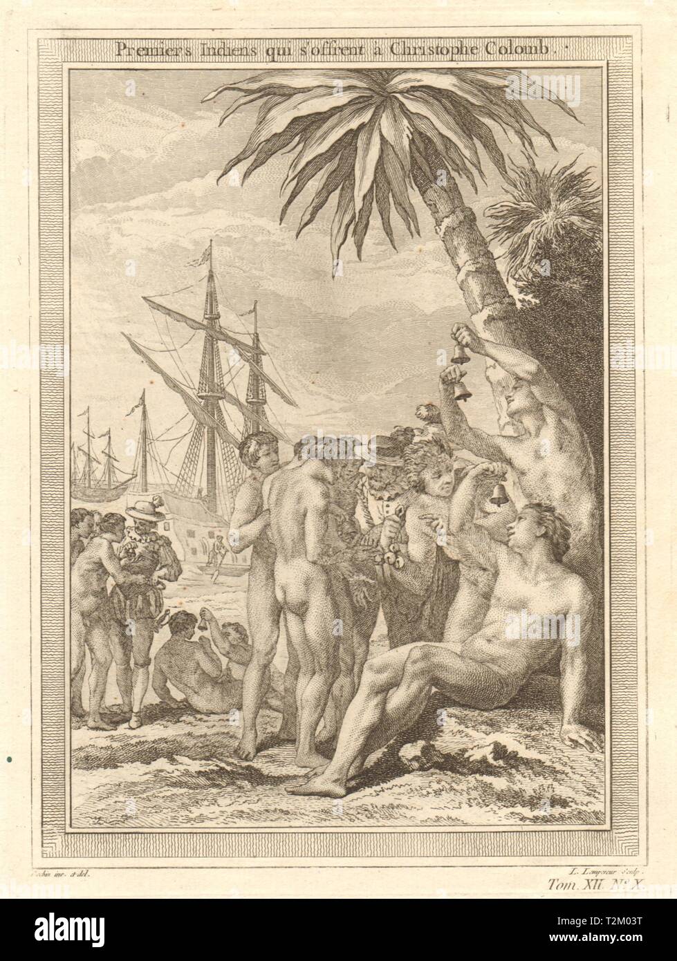Erste Inder Sitzung Christopher Columbus. San Salvador Island, Bahamas 1754 Stockfoto