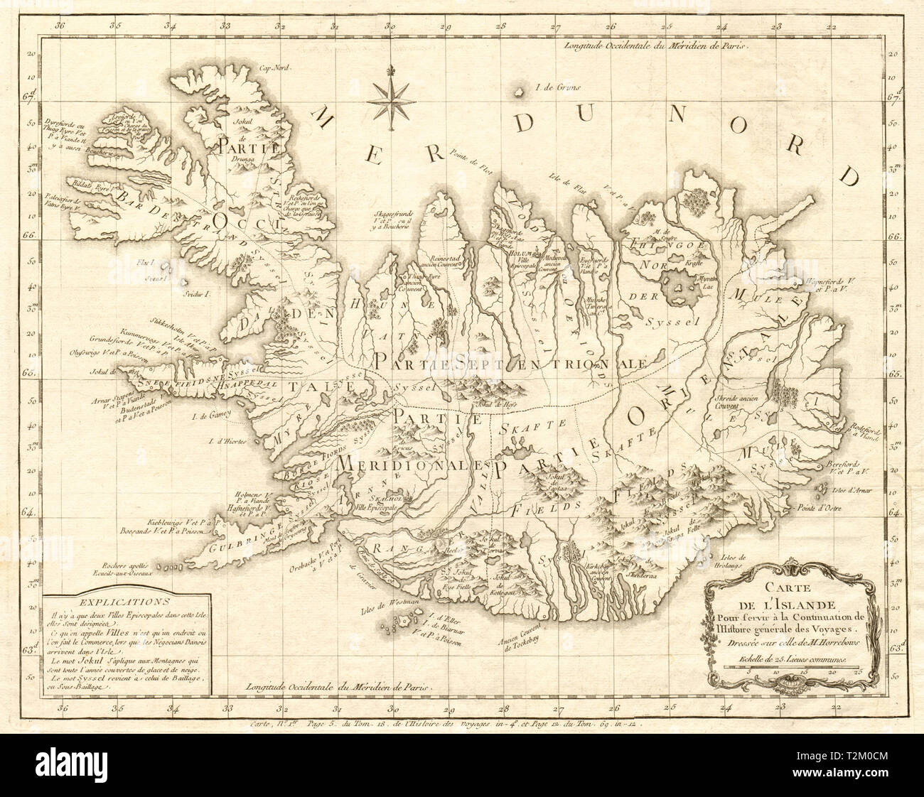'Carte de l'Islande". Antike Karte von Island durch BELLIN 1768 alte Stockfoto