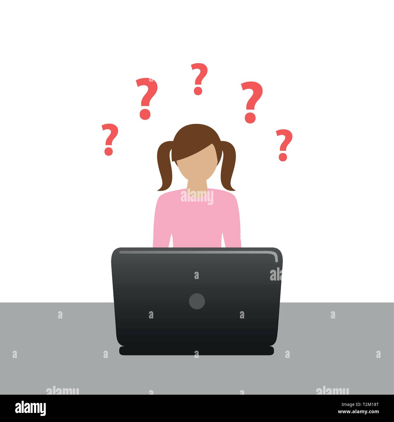 Kleines Mädchen auf dem Laptop hat viele Fragen Vektor-illustration EPS 10. Stock Vektor