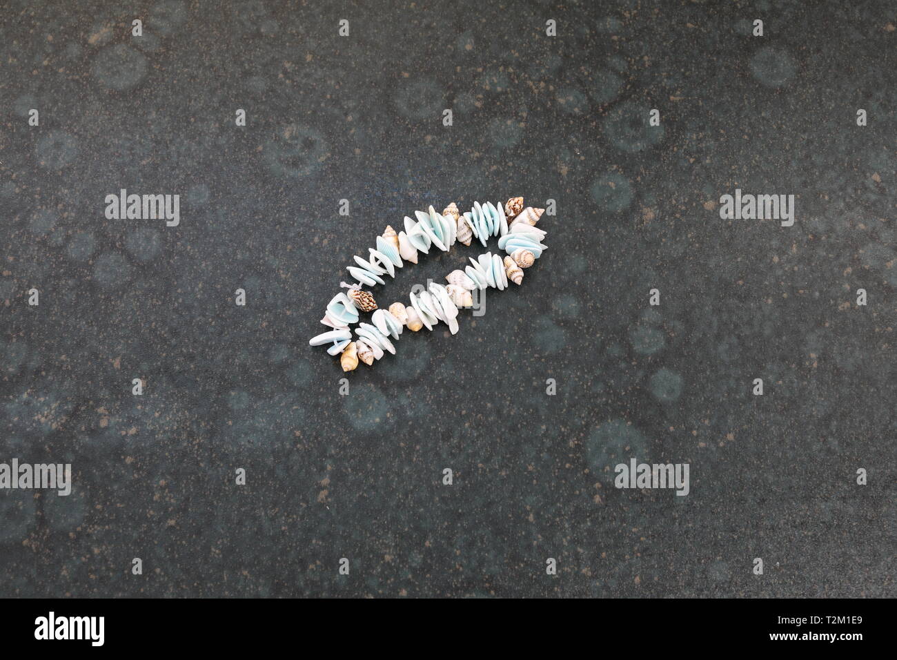 Shell Armband mit blauen und weißen Muscheln, aufgereiht auf elastische Stockfoto