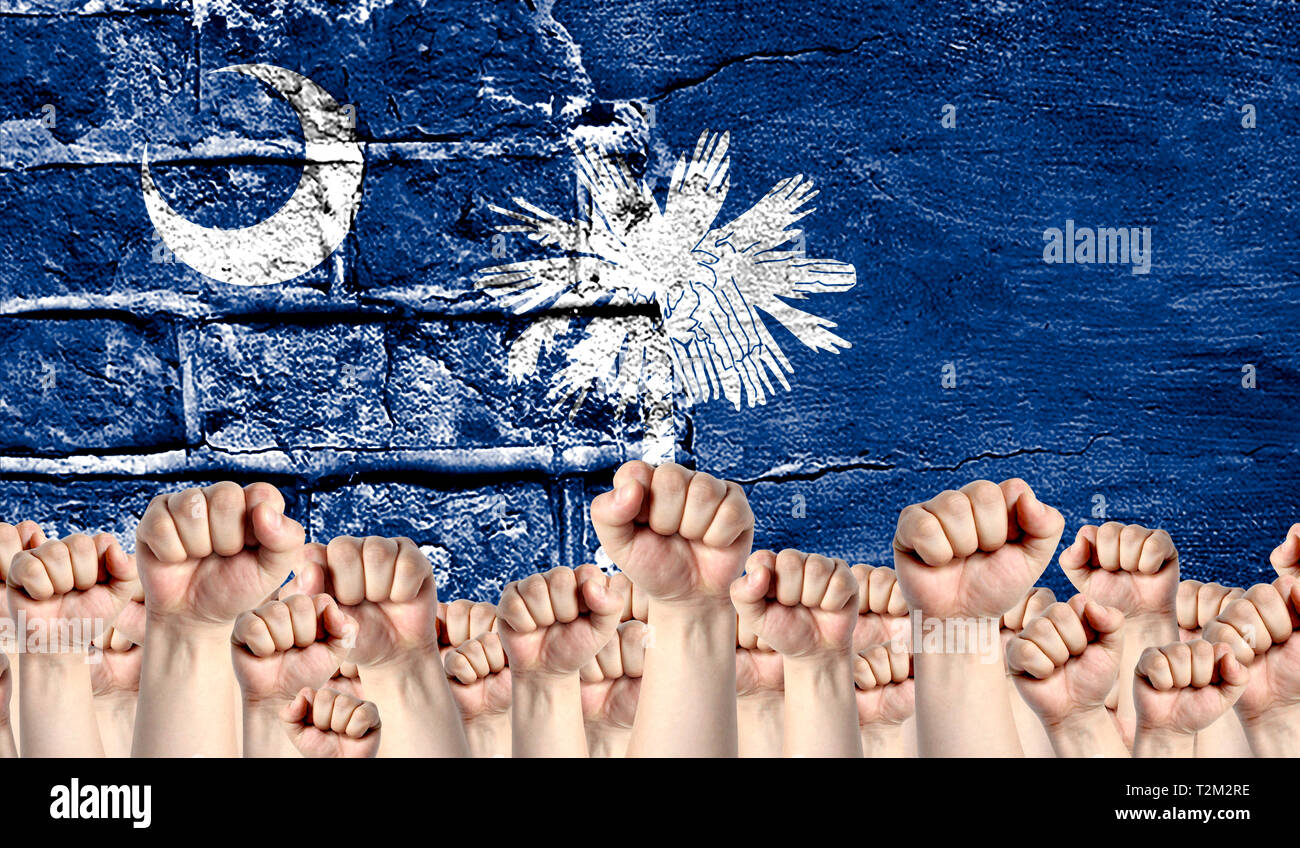 In männlichen Händen ballte eine Faust erweckt, um vor dem Hintergrund einer zerstörten Mauer mit einer Flagge Staat South Carolina. Das Konzept der Arbeit m Stockfoto