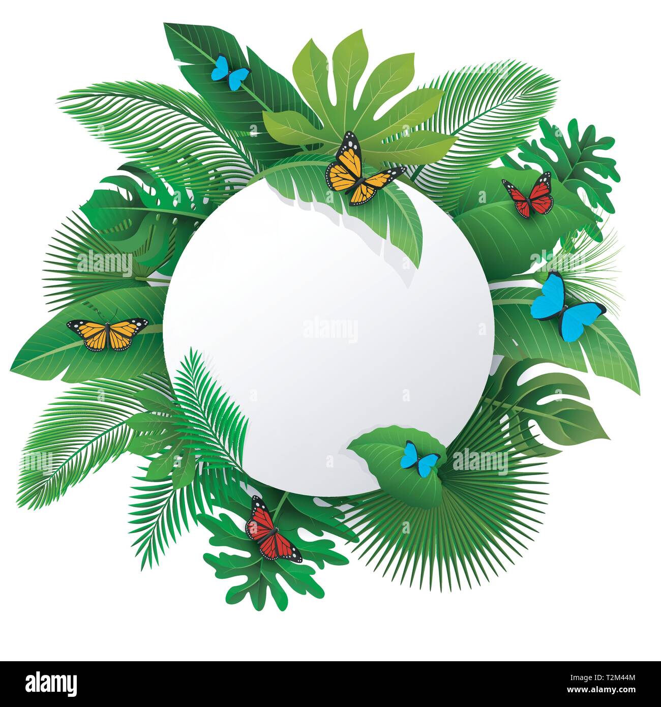 Runde Schild mit Text Raum der Tropische Blätter und Schmetterlinge. Geeignet für Natur Konzept, Urlaub und Sommerurlaub. Vector Illustration Stock Vektor