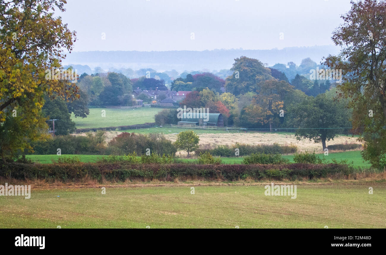 Eine idyllische Szene des Landes Häuser und landwirtschaftliche Flächen für Schafe weiden verdeckt von sanften Nebel im ländlichen Shropshire, England. Stockfoto