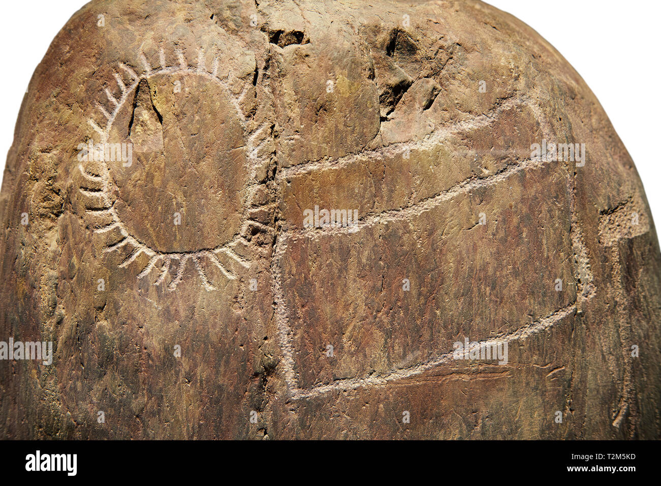 Prähistorische Petroglyphen, Felszeichnungen, der geometrische Muster, die von der prähistorischen Camuni Leute geschnitzt, Museum der Vorgeschichte im Val Camonica, Italien Stockfoto
