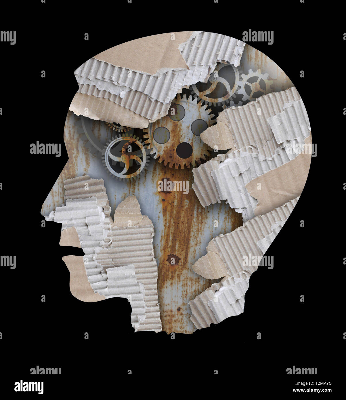 Depressionen, Stress, Burnout Syndrom Konzept. Stilisierten männlichen Kopf Silhouette. Foto-Montage mit gerippten Karton und Gang. Stockfoto