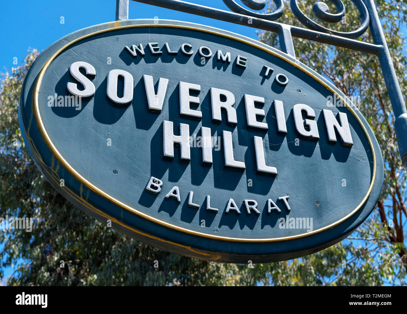 Zeichen außerhalb Sovereign Hill, einem Open Air Museum in der alten Goldgräberstadt von Ballarat, Victoria, Australien Stockfoto