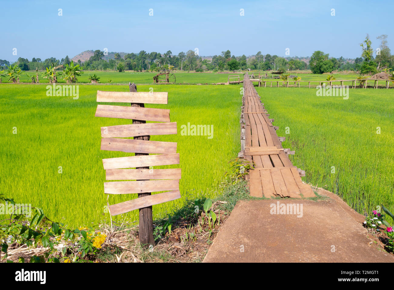 Schließen Sie das leere Zeichen neben die alte Holzbrücke zu den Reisfeldern erweitert. Stockfoto
