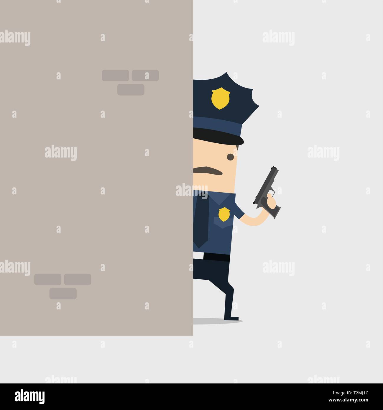 Polizei Besitz einer Waffe hinter der Wand. Polizei und Inspektor Cartoon. Stock Vektor