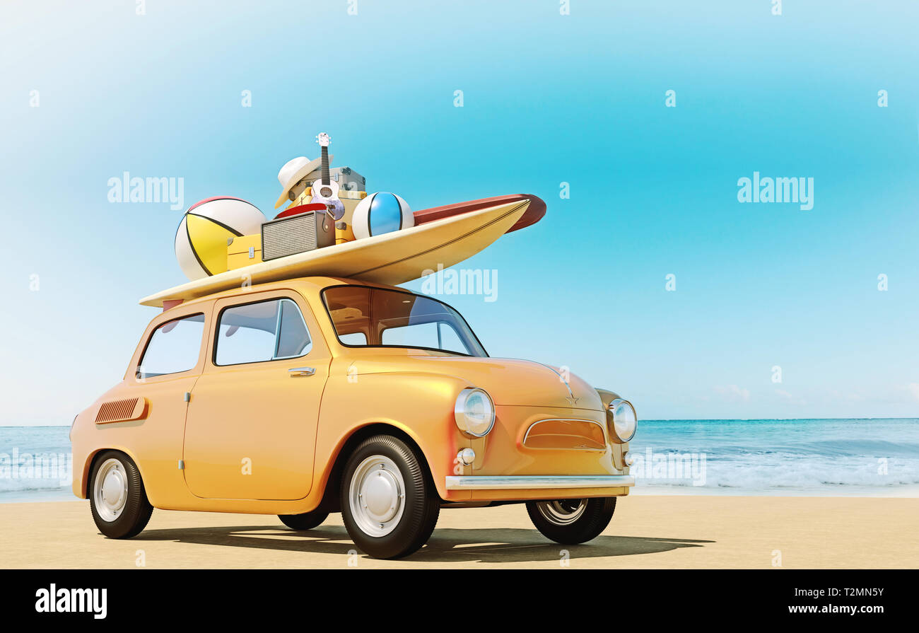 Kleine retro Auto mit Gepäck, Gepäck und Ausrüstung für den Strand auf dem Dach, komplett verpackt, bereit für den Sommerurlaub, Konzept einer Straße Reise mit Familie und Stockfoto