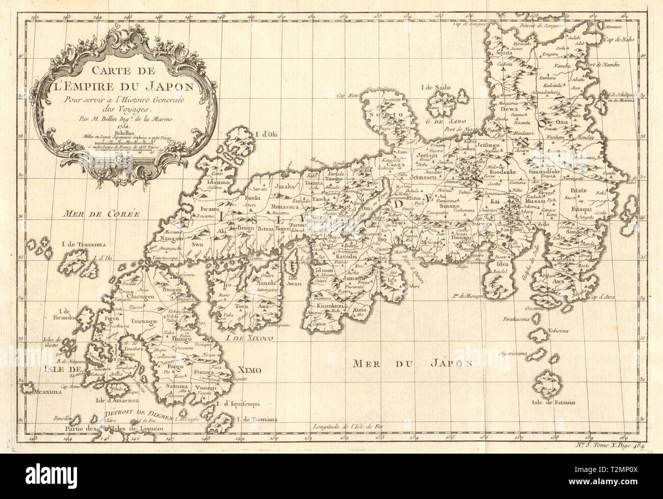 'Carte de l'Empire du Japon". Empire of Japan. BELLIN 1752 alte antike Karte Stockfoto