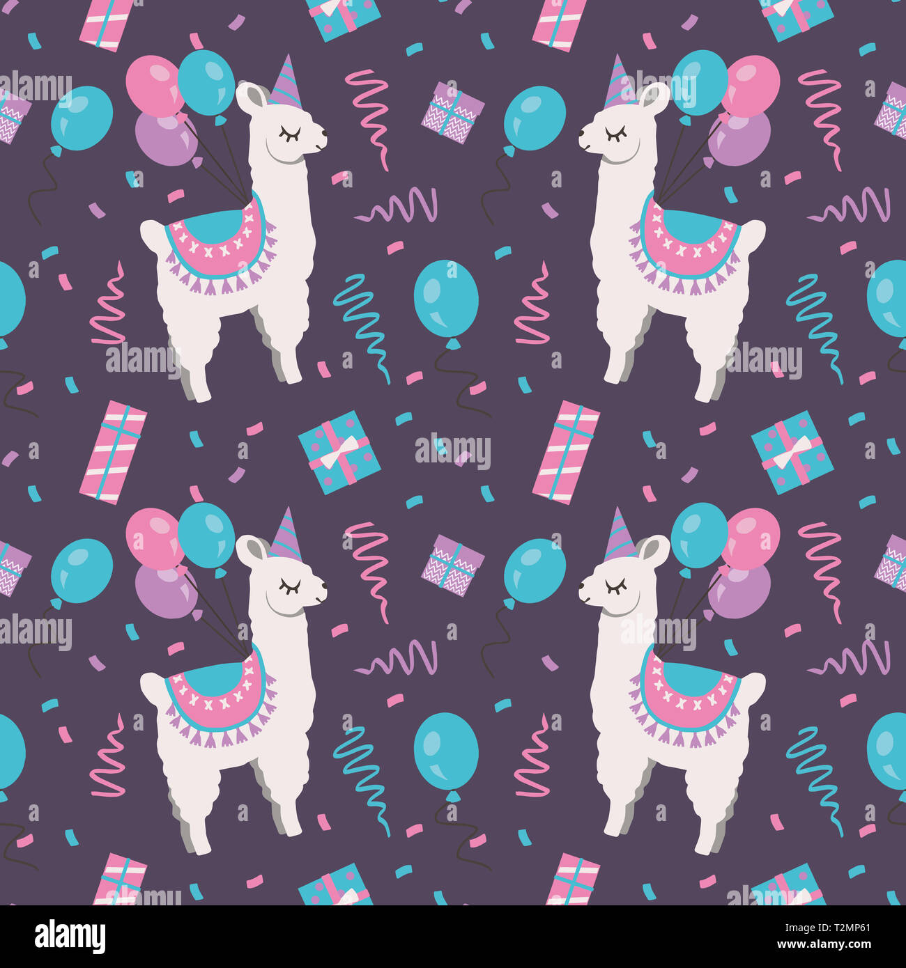 Nahtlose Muster Mit Cartoon Alpaka Und Lama Tiere Mit Geburtstag Luftballons Konfetti Und Geschenkboxen Auf Dunklem Lila Hintergrund Stockfotografie Alamy