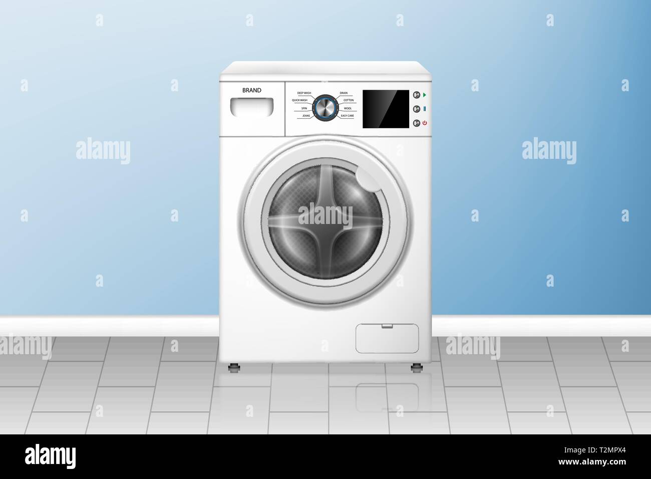 Realistische Waschmaschine in leerer Waschküche. Weiße Unterlegscheibe, Vorderansicht. Moderne Haushaltsgeräte. vektor-Illustration Stock Vektor