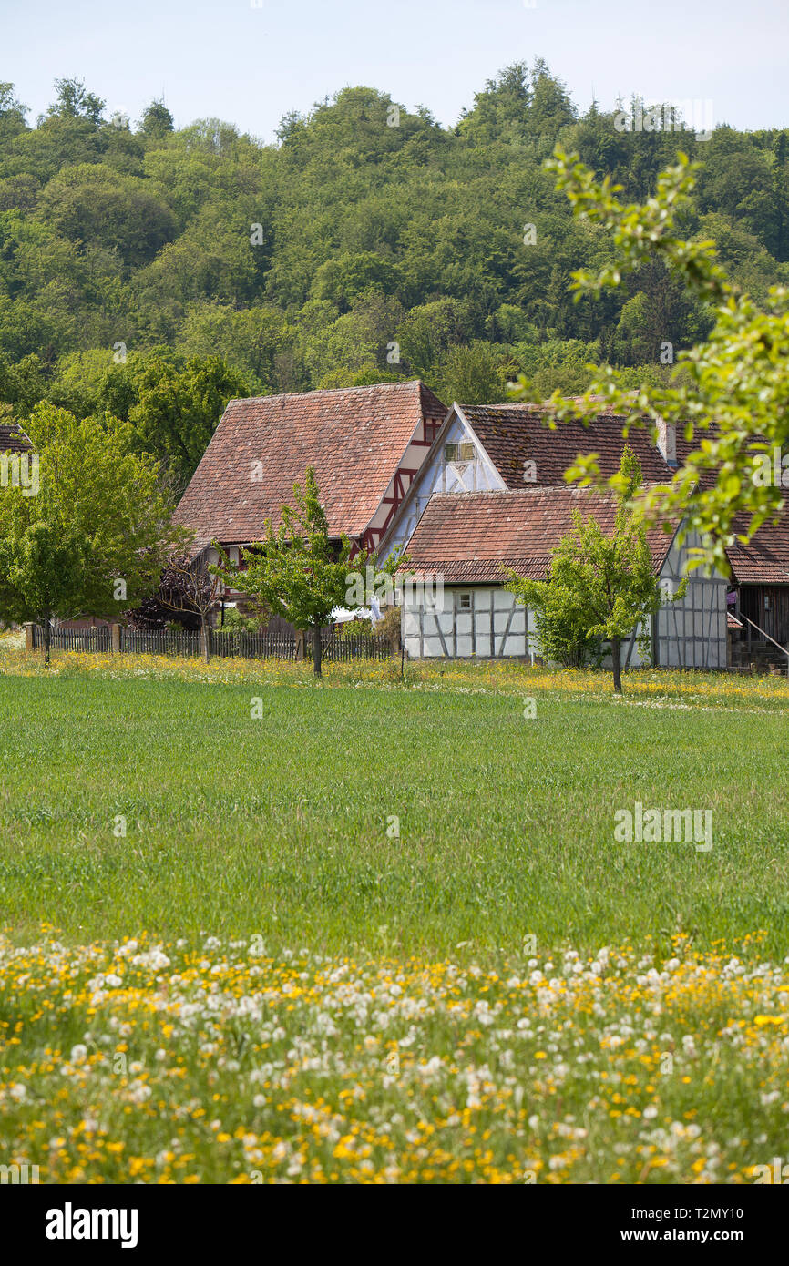 Alte Fachwerkhäuser Bauernhöfe mit Wald und landwirtschaftliche Felder Stockfoto Alte Fachwerkhäuser Bauernhöfe mit Wald und landwirtschaftliche Felder Stockfoto