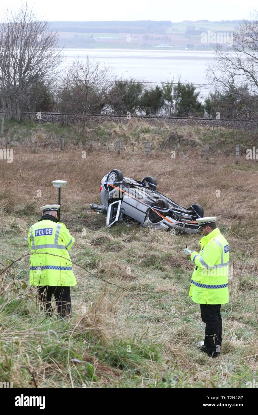 Inverness, Schottland, Großbritannien. 3 Apr, 2019. Foto: 2. Apr 2019. Die Polizei hat die Identität der Mann, der starb nach einer Straße Verkehr Zusammenstoß auf der A 862 in der Nähe von Lentran zwischen Inverness und Beauly bestätigt. Er war Paul Peacock, 60, aus Kiltarilty. Herr Pfau war der Fahrer und der alleinige Inhaber eines silbernen Volkswagen Golf, die Straße in der Nähe von Inchberry Links rund um 13.30 Uhr am Dienstag, den 2. April. Es wurden keine anderen Fahrzeuge beteiligt. Foto: Andrew Smith/Alamy leben Nachrichten Stockfoto