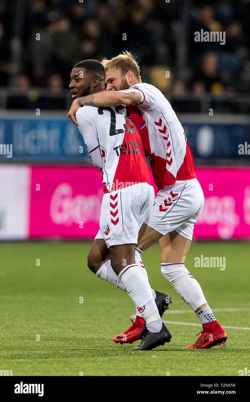 VENLO - 03-04-2019, Covebo Stadion De Koel niederländische Fußball eredivisie Saison 2018 / 2019. FC Utrecht player Riechedley Bazoer feiern das Ziel während des Spiels VVV-Utrecht. Stockfoto