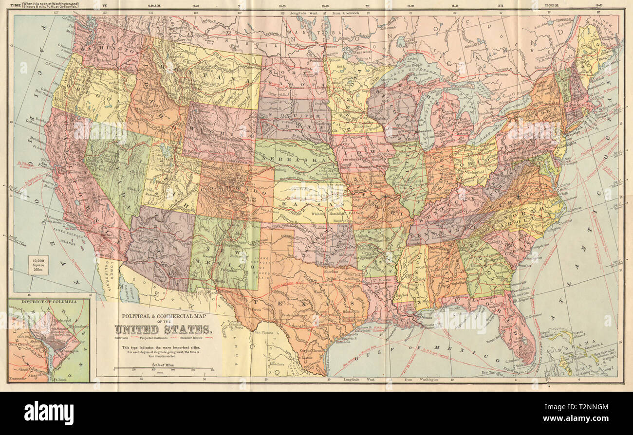 USA. Politische und kommerzielle Karte der Vereinigten Staaten 1893 alte antike Stockfoto
