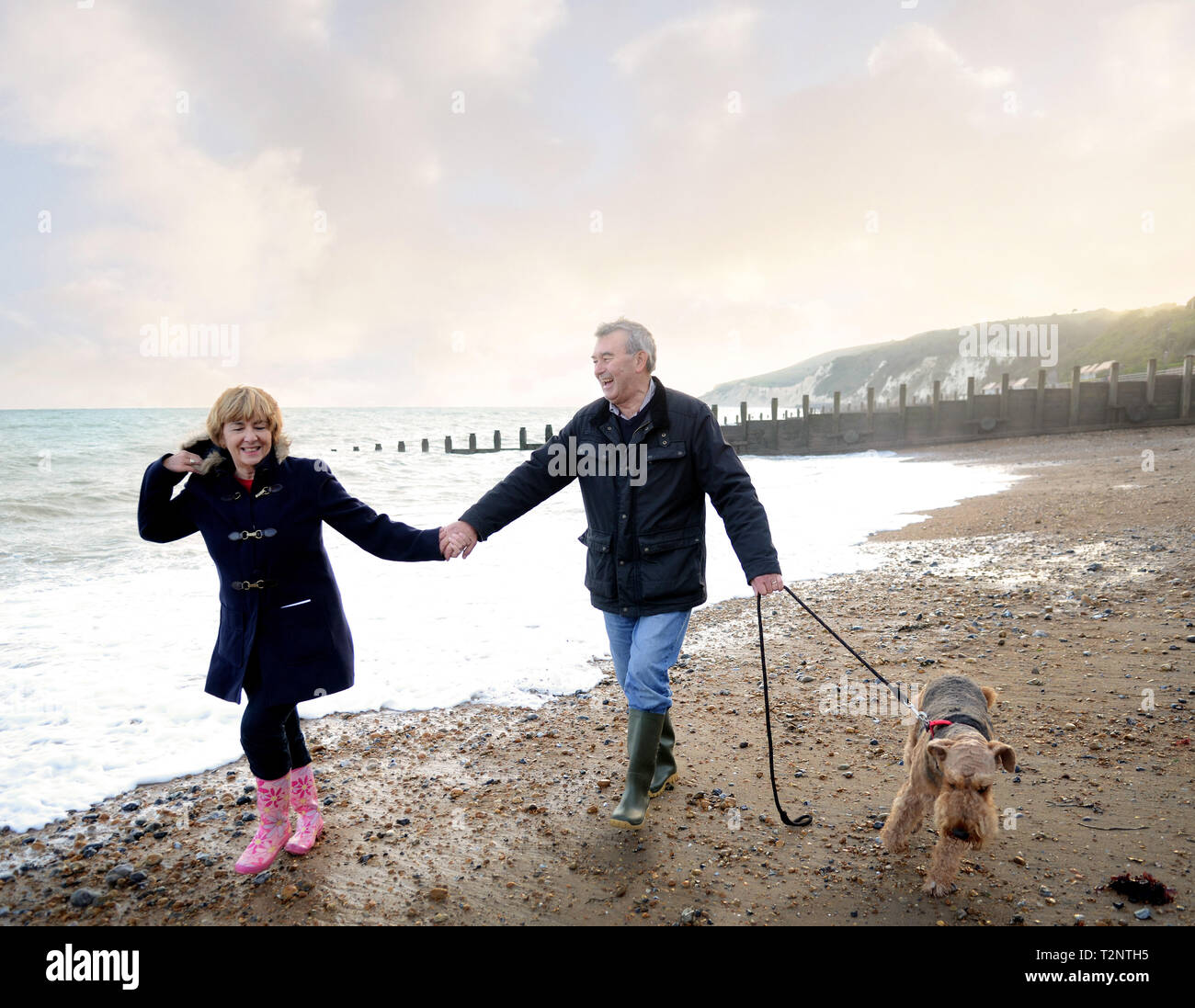 Romantische senior Paar halten sich an den Händen und gehen Hund am Strand, Eastbourne, East Sussex, England Stockfoto