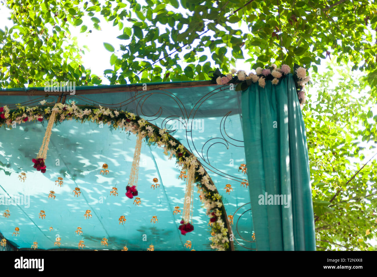 Licht durch die Bäume beleuchtet ein Vordach an einer Hochzeit in Indien Stockfoto