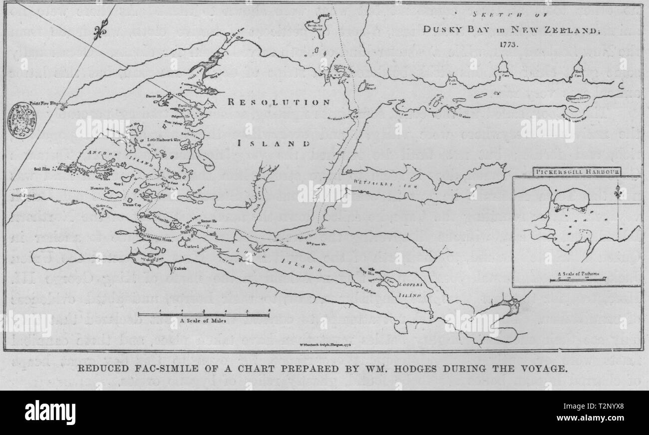 Reduzierte Faksimile von William Hodges Chart. Explorers. Neuseeland 1890 alte Karte Stockfoto