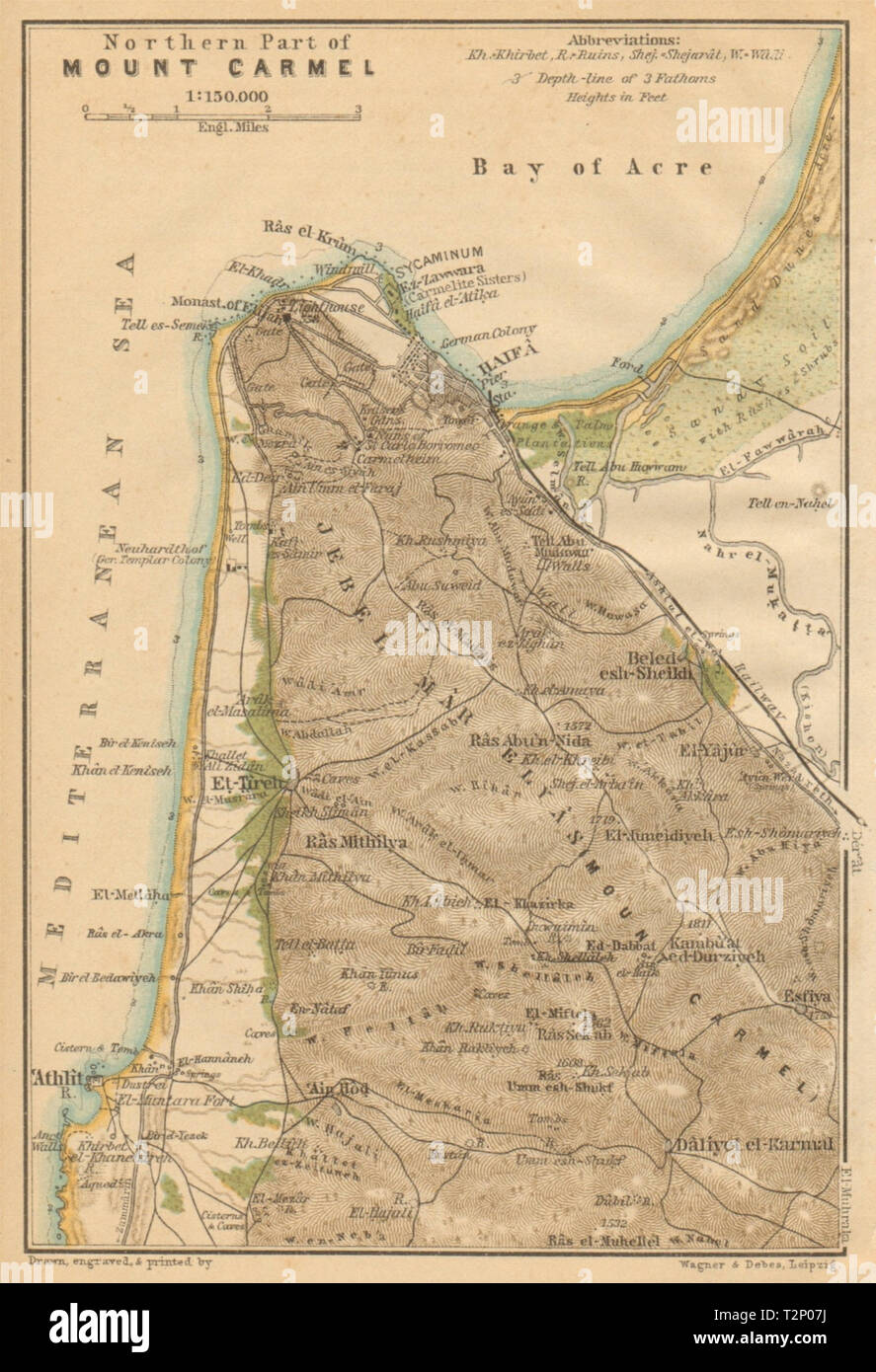 Nördlich vom Berg Karmel. Haifa Umgebung. Atlit. Israel 1912 alte antike Karte Stockfotografie 