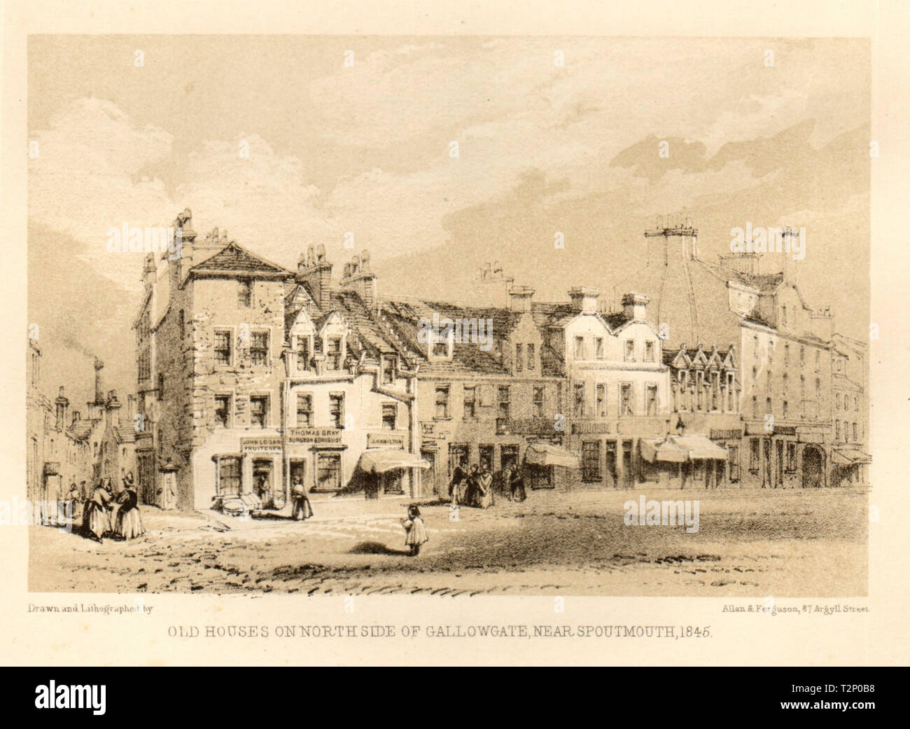Die alten Häuser auf der Nordseite von Gallowgate, in der Nähe von Spoutmouth, 1845, Glasgow 1848 Stockfoto