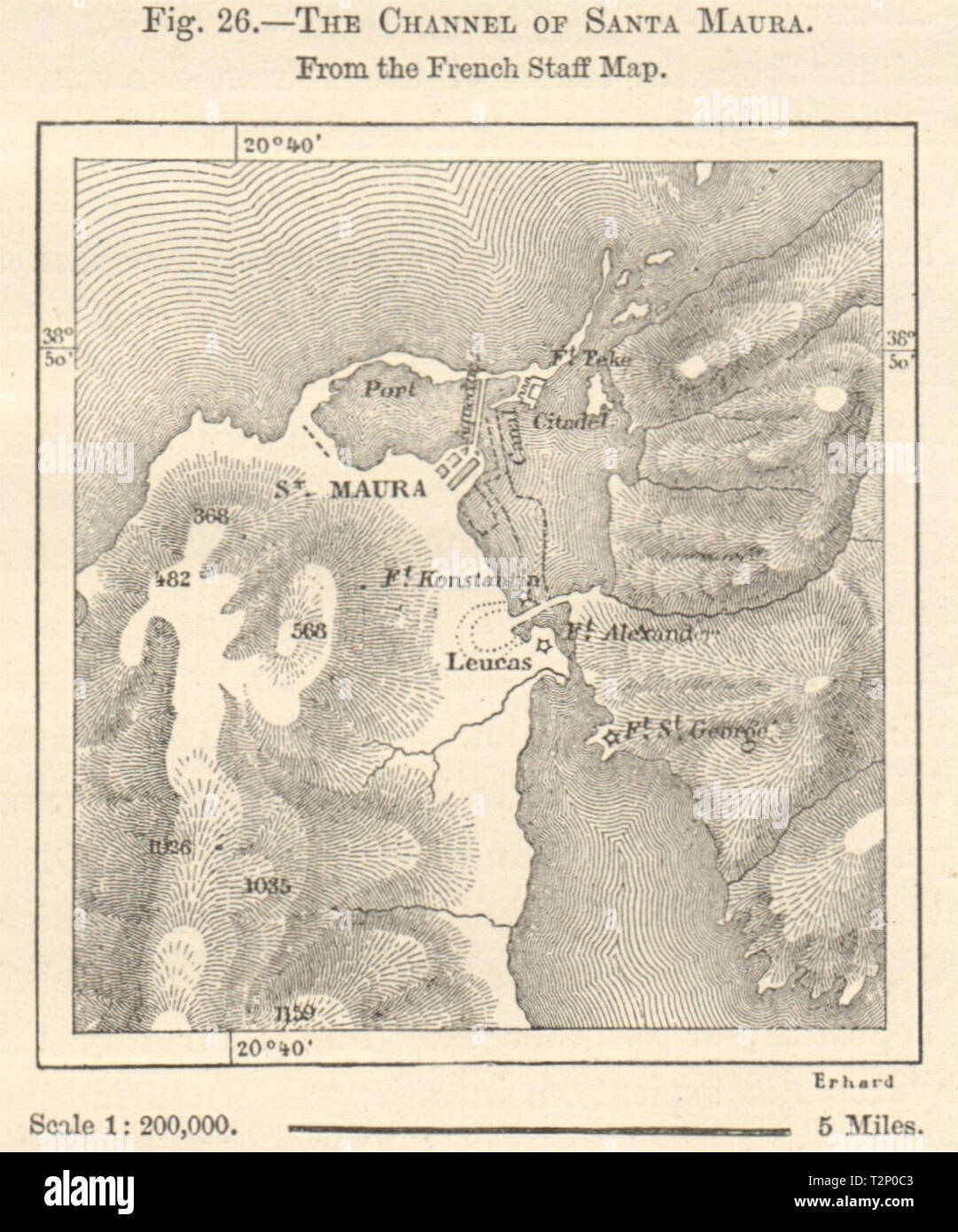Der Kanal von Santa Maura. Lefkada. Griechenland Kartenskizze. Kleine 1885 alte Stockfoto