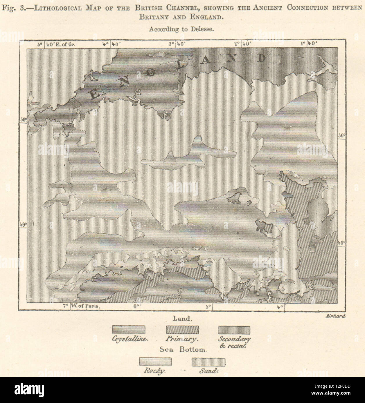 Ärmelkanal lithologischen. Alte France-England Verbindung. Kartenskizze 1885 Stockfoto