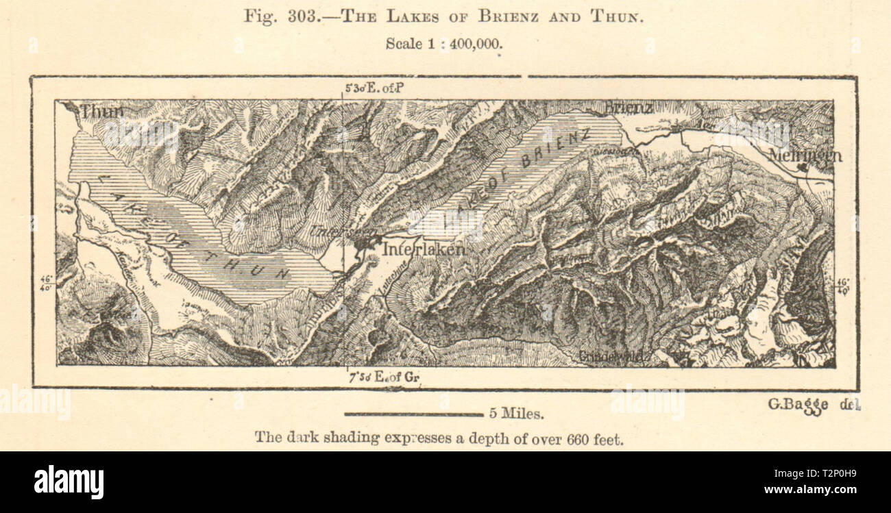 Thunersee und Brienzersee. Interlaken. Die Schweiz. Kartenskizze 1885 alte Stockfoto