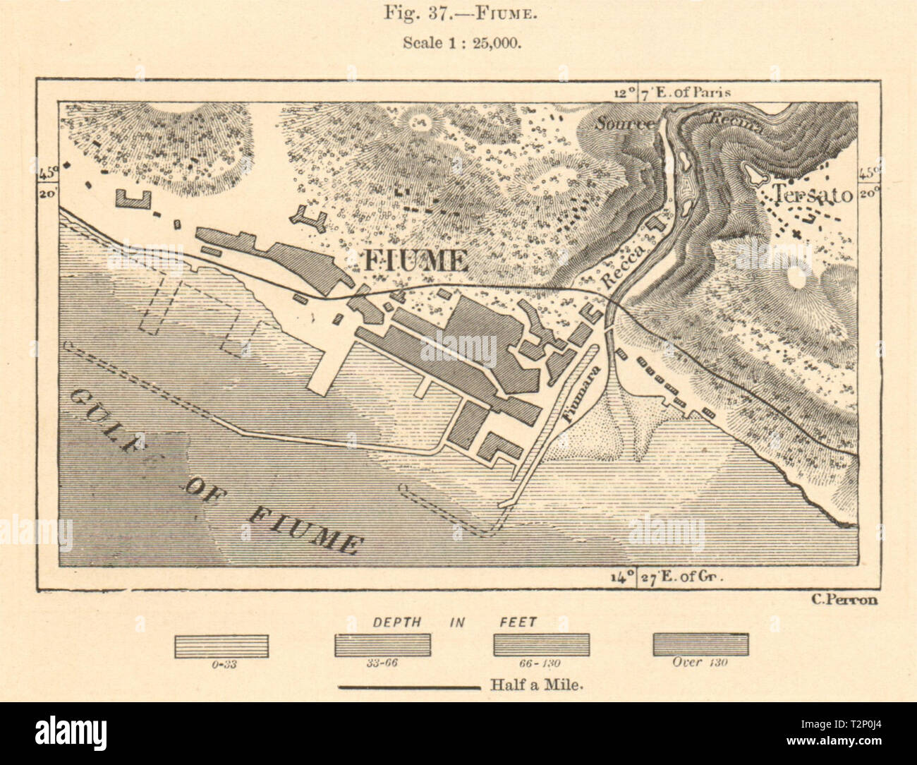 Fiume. Rijeka Stadt planen. Kroatien. Kartenskizze 1885 alte antike Grafik Stockfoto