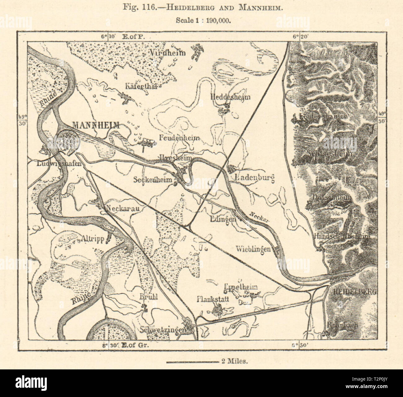 Heidelberg & Mannheim Umgebung. Baden-Württemberg. Kartenskizze 1885 alte Stockfoto