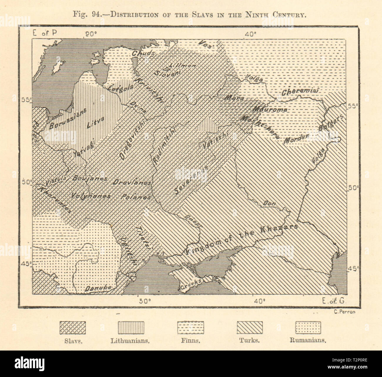 Verteilung der Slawen im 9. Jahrhundert. Osteuropa. Kartenskizze 1885 Stockfoto