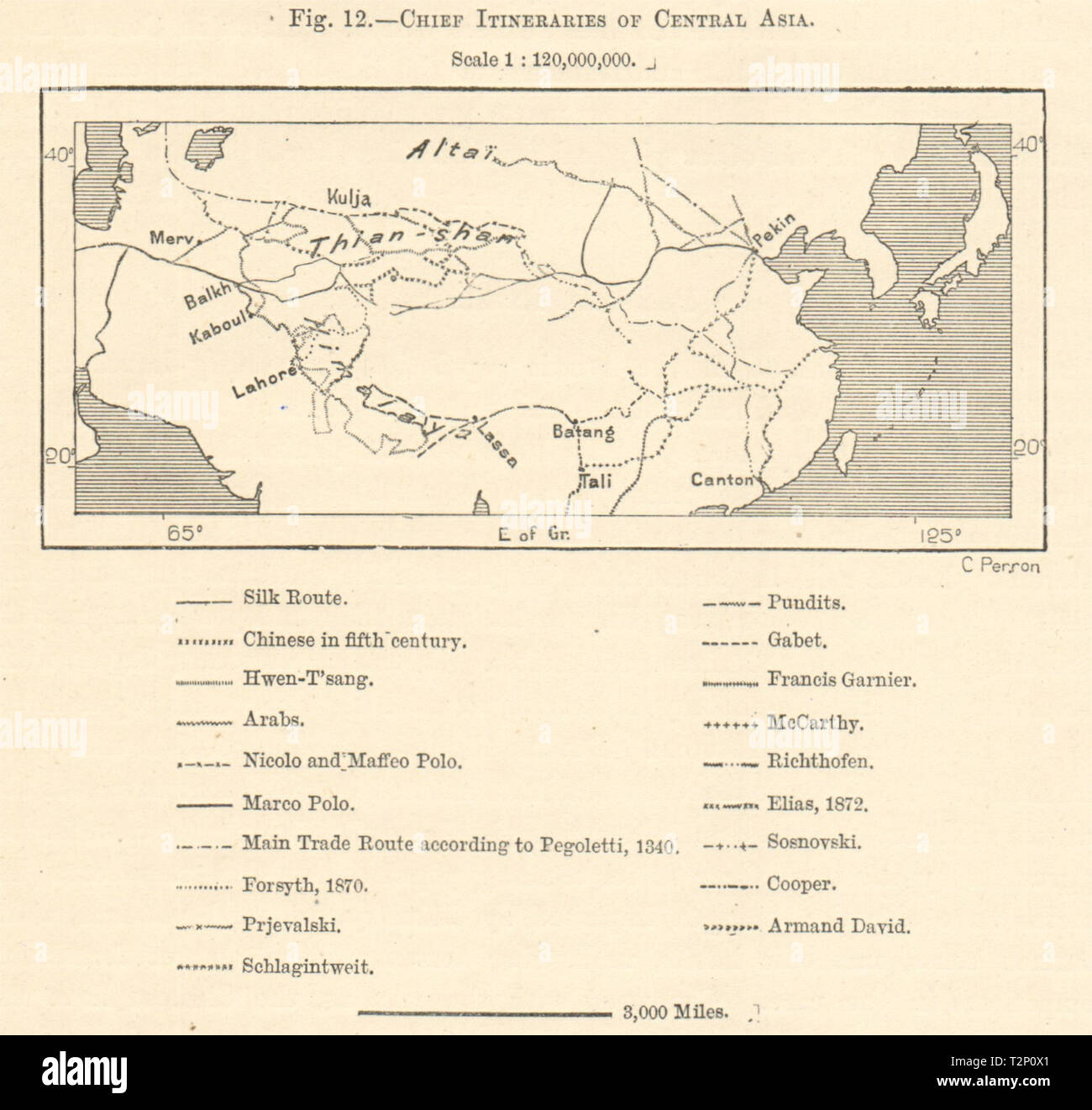 Chief Reiserouten von Zentralasien. Silk Route. Explorers Handel. Kartenskizze 1885 Stockfoto