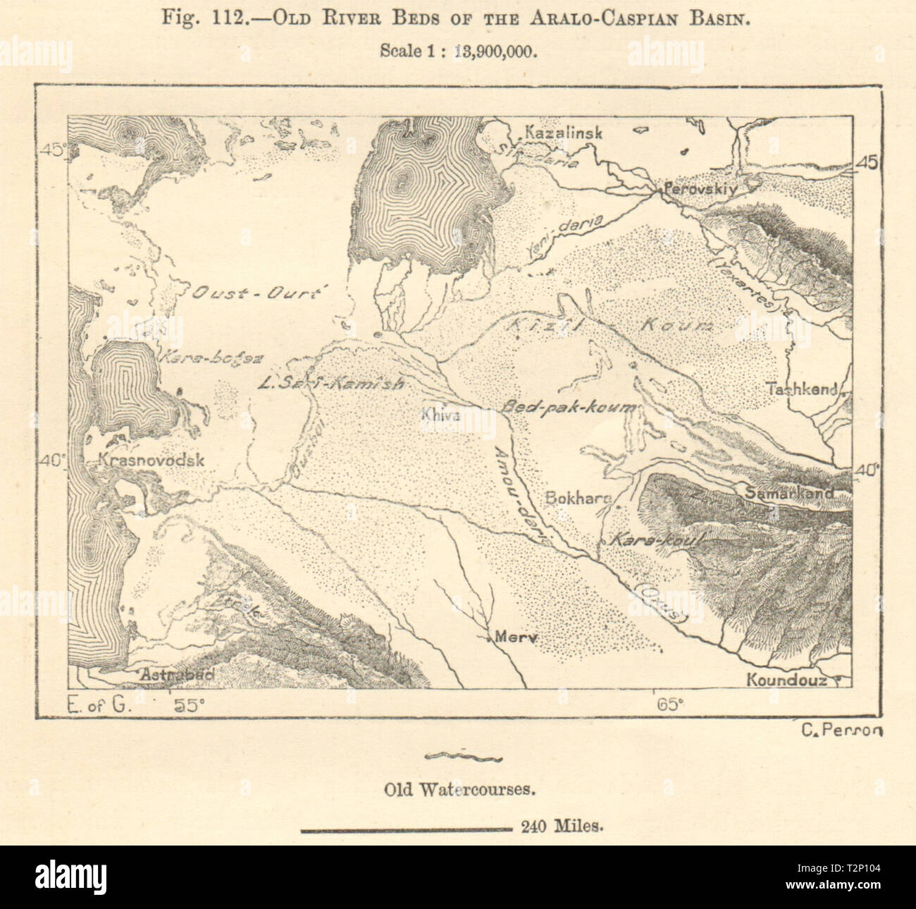 Aral-Caspian Becken alte Flüsse Turkmenistan Usbekistan Kasachstan Kartenskizze 1885 Stockfoto