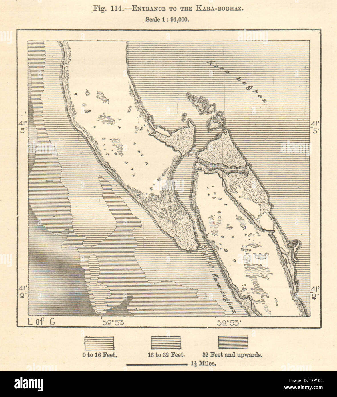 Eingang des Garabozaskol Becken, Kaspisches Meer. Turkmenistan. Kartenskizze 1885 Stockfoto