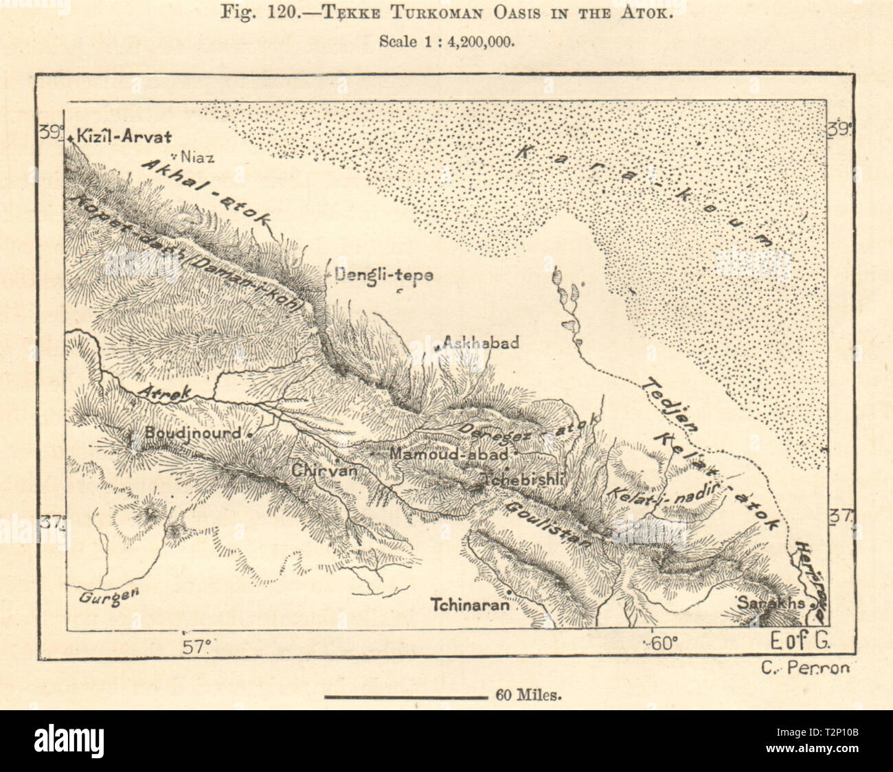 Tekke Turkoman, Aschgabat, Turkmenistan Iran Kopet Dag Berge. Kartenskizze 1885 Stockfoto