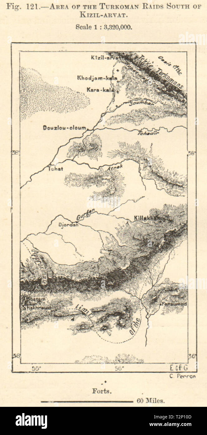 Turkoman Razzien, Serdar (Kizil arvat-) Khorasan Iran Turkmenistan. Kartenskizze 1885 Stockfoto