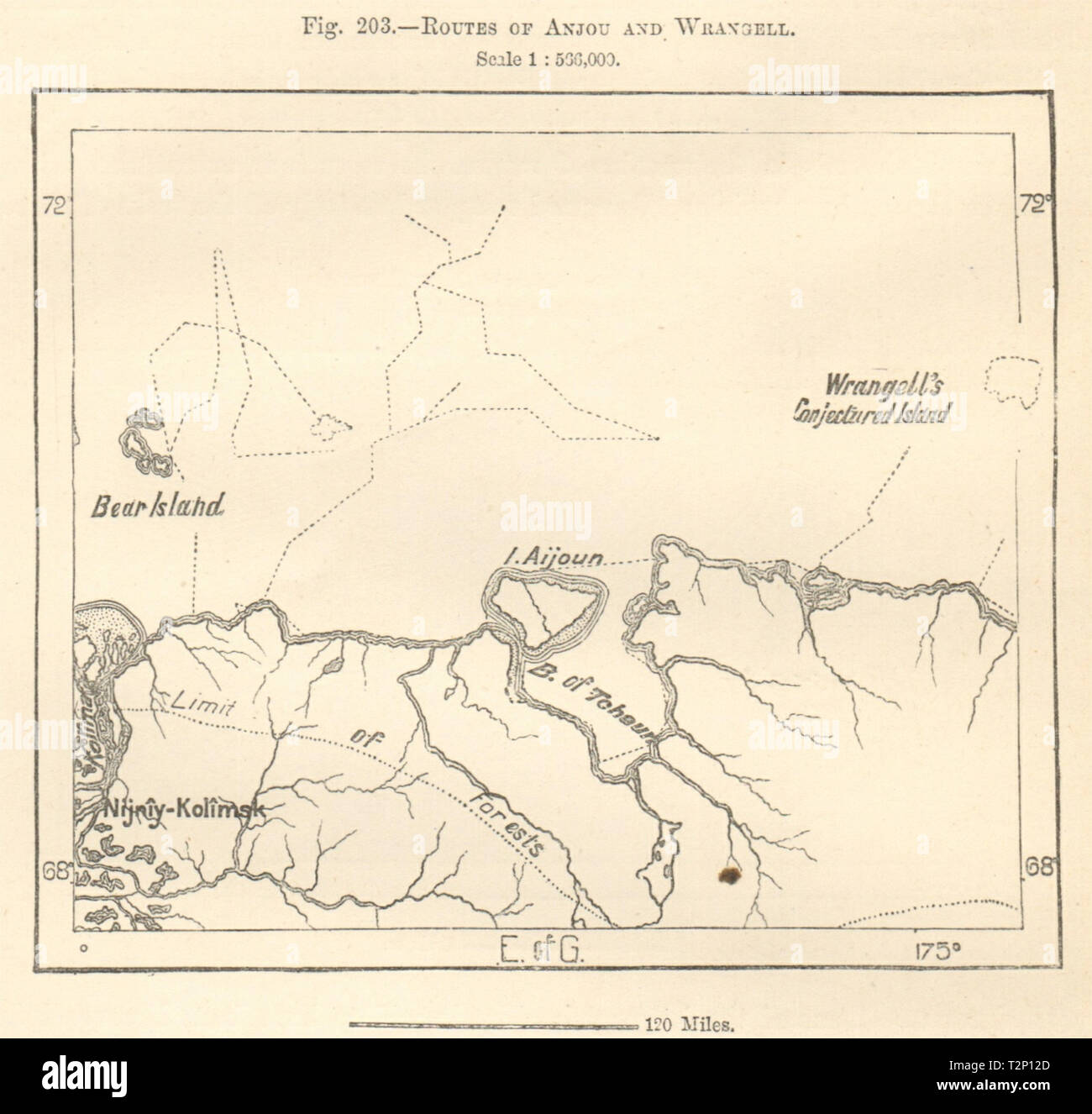 Wrangell Medvezhyi Inseln. Anjou Route. Nizhnekolymsk. Russland. Kartenskizze 1885 Stockfoto