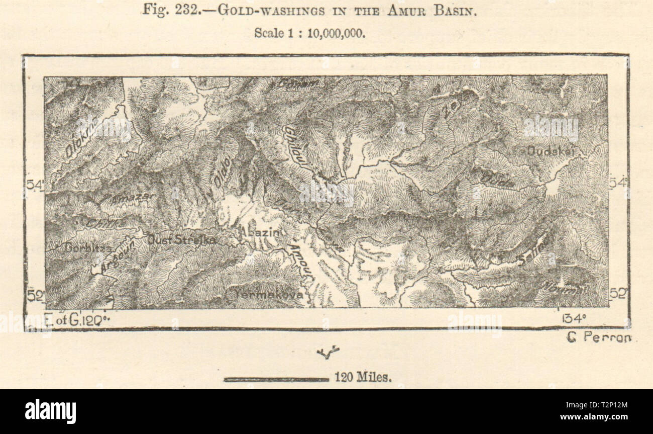 Amur basin Gold-waschen. Albazino. Sibirien. Russland China. Kartenskizze 1885 Stockfoto