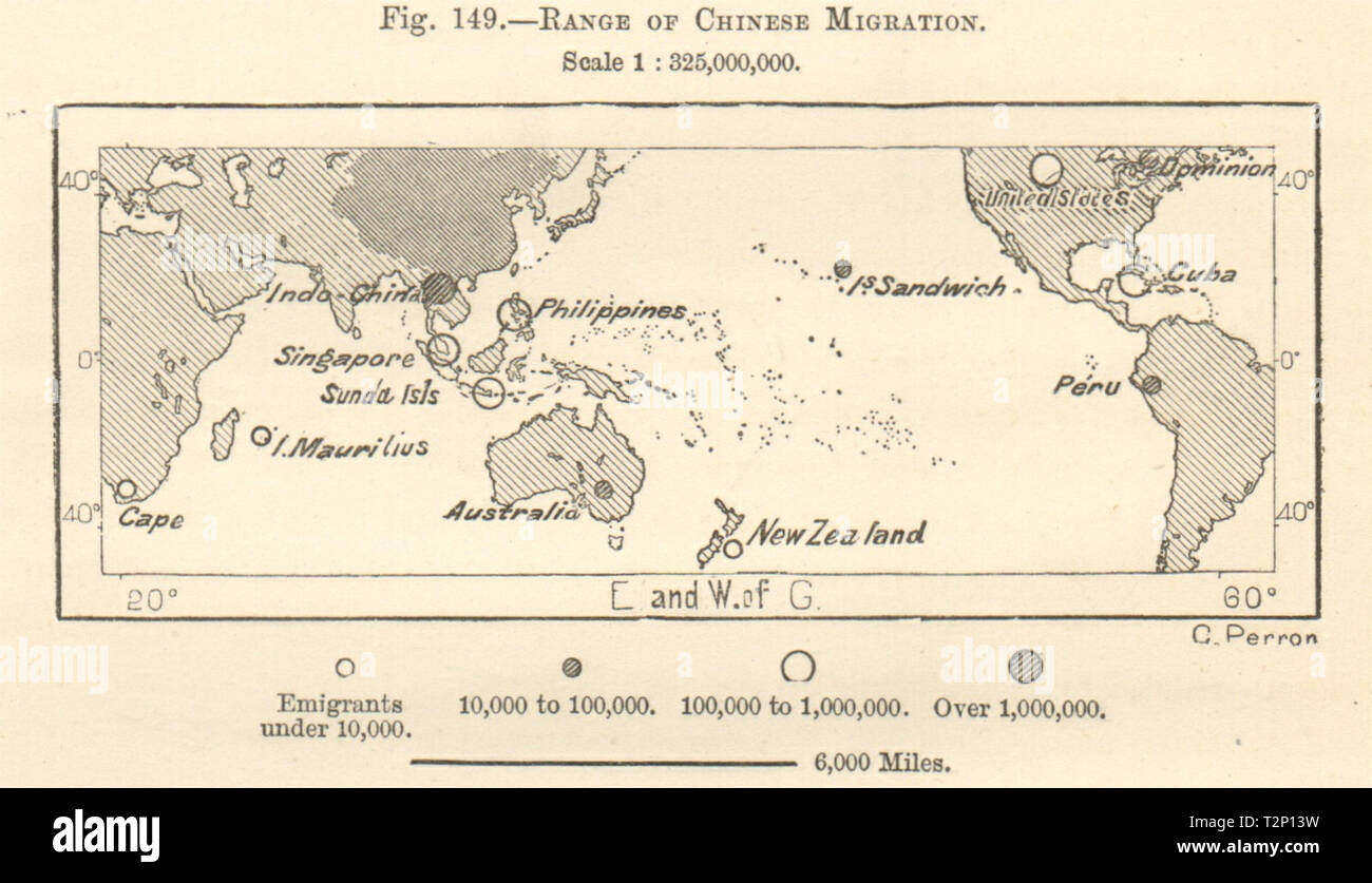 Chinesische Diaspora. Auswanderung Zielländern. Welt. Kartenskizze 1885 Stockfoto