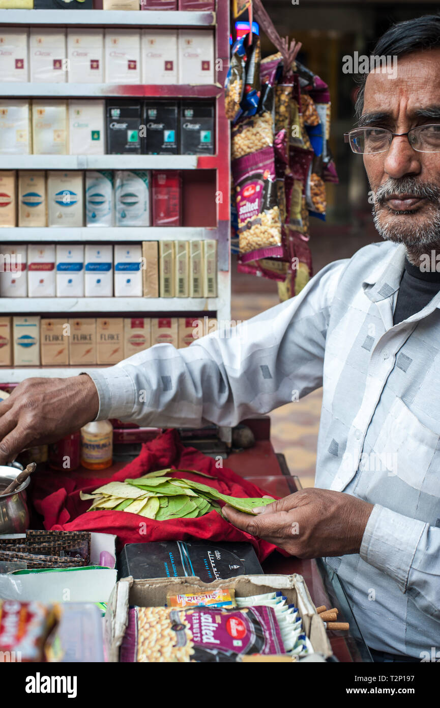 Ein Mann verkauf Paan in Indien, mit seinem Stall von Zigaretten und Snacks. Stockfoto