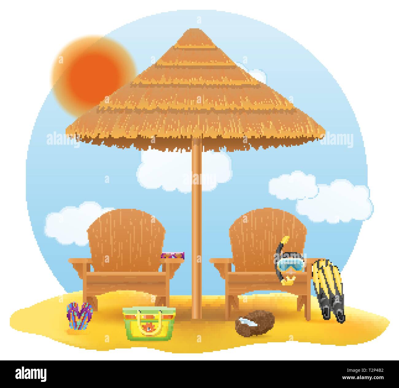 Beach Sessel lounger Liegestuhl Holz- und Regenschirm aus Stroh und Schilf für Schatten Vector Illustration auf weißem Hintergrund Stock Vektor