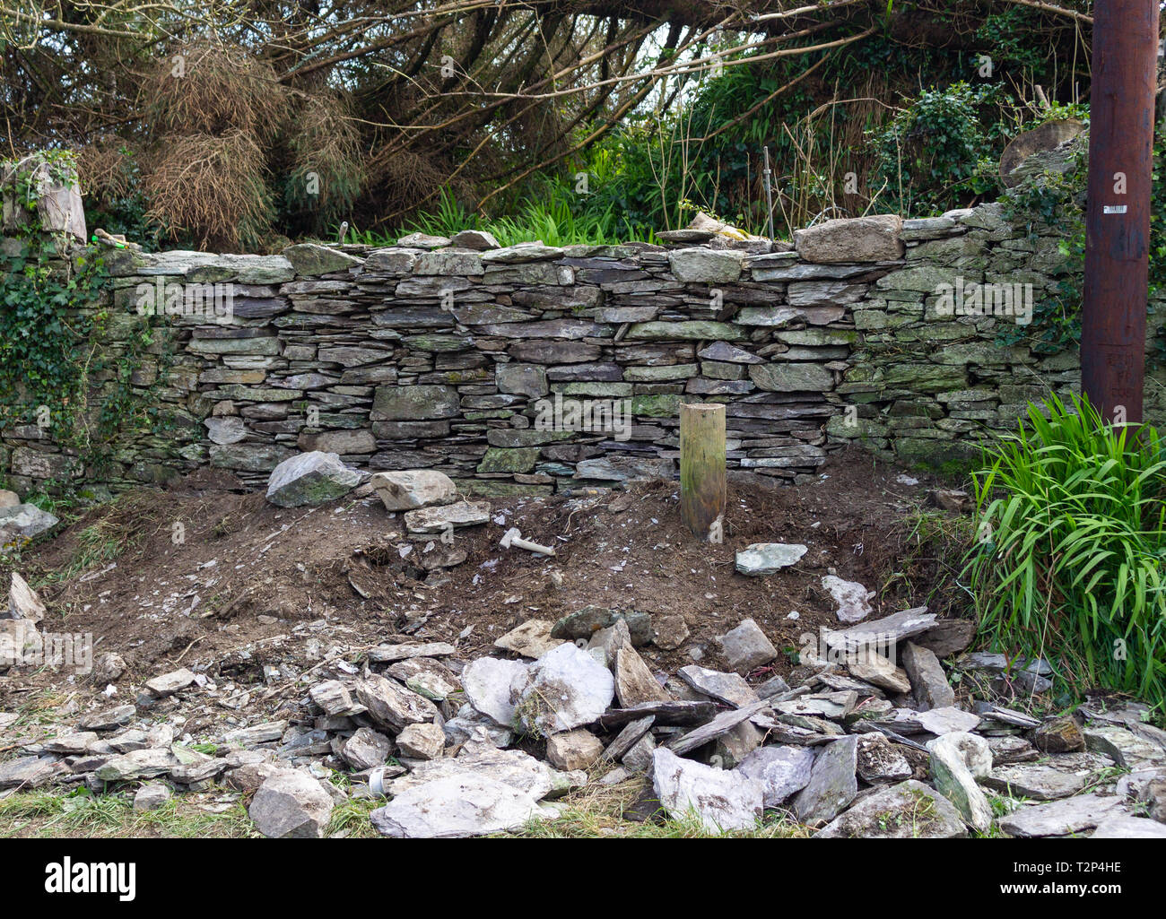 Beschädigte Trockenmauern wand West Cork, Irland Stockfoto