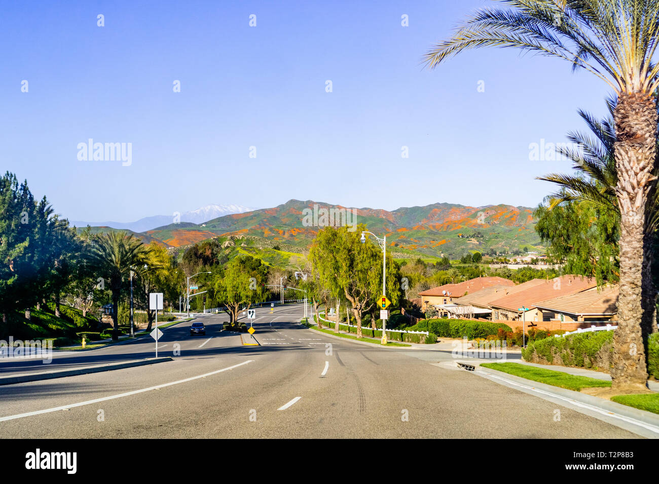 Fahrt in Richtung Walker Canyon, Lake Elsinore, während der superbloom; Hills in Kalifornien Mohnblumen im Hintergrund sichtbar; Süd Kalifornien Stockfoto