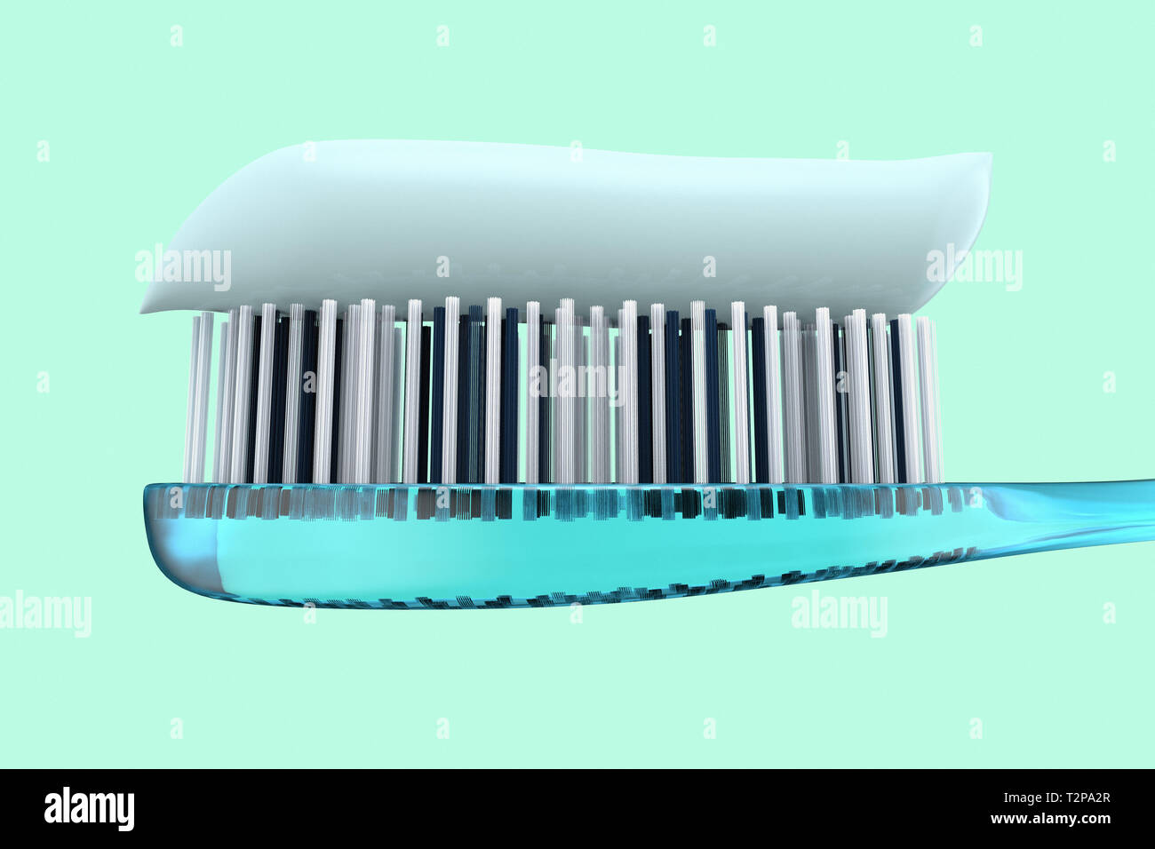 3D-Rendering für eine Nahaufnahme von einer Zahnbürste mit Zahnpasta Stockfoto