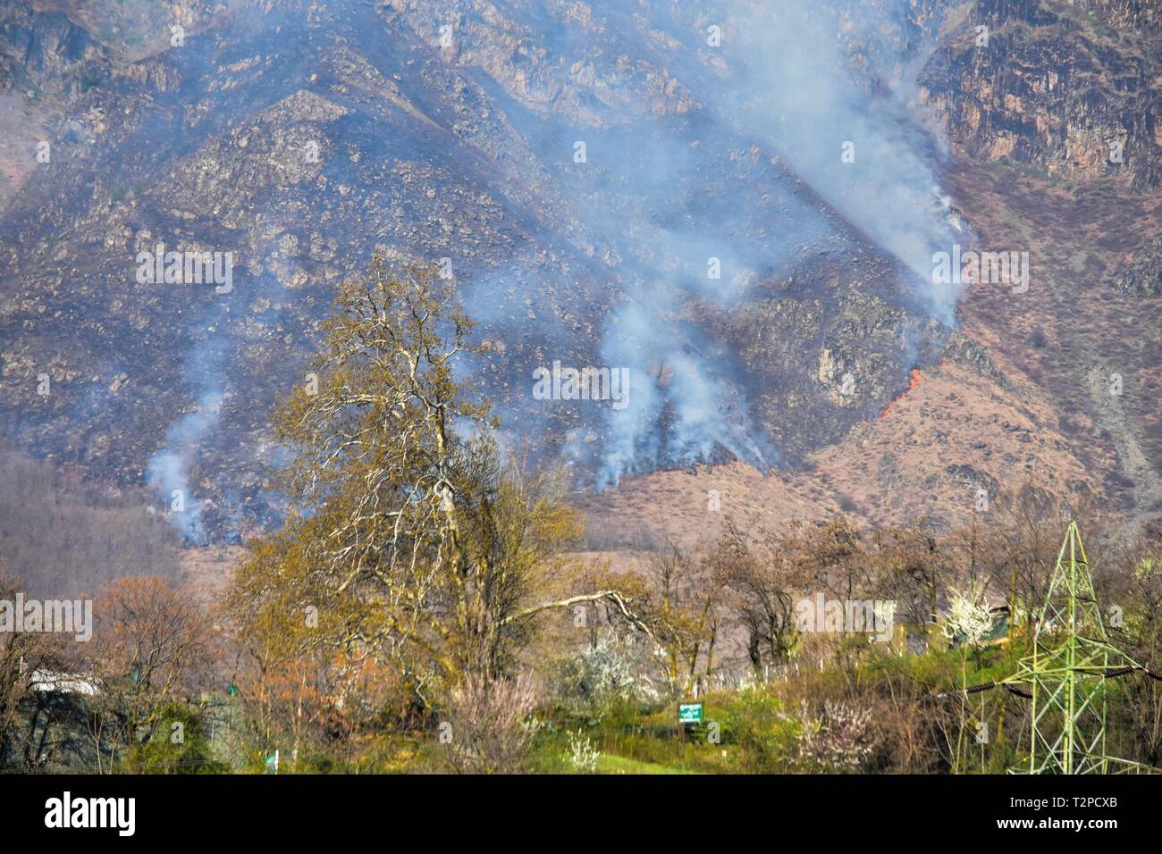 Flammen und Rauch steigt aus dem Zabarwan Wälder in Srinagar. Ein Großbrand die Zabarwan Strecke an brein Nishat Bereich verschlungen, hier in Srinagar, Berichte sagte das Feuer begann an der oberen Ranches auf Brein und auf die angrenzenden Wälder ausbreiten. Stockfoto