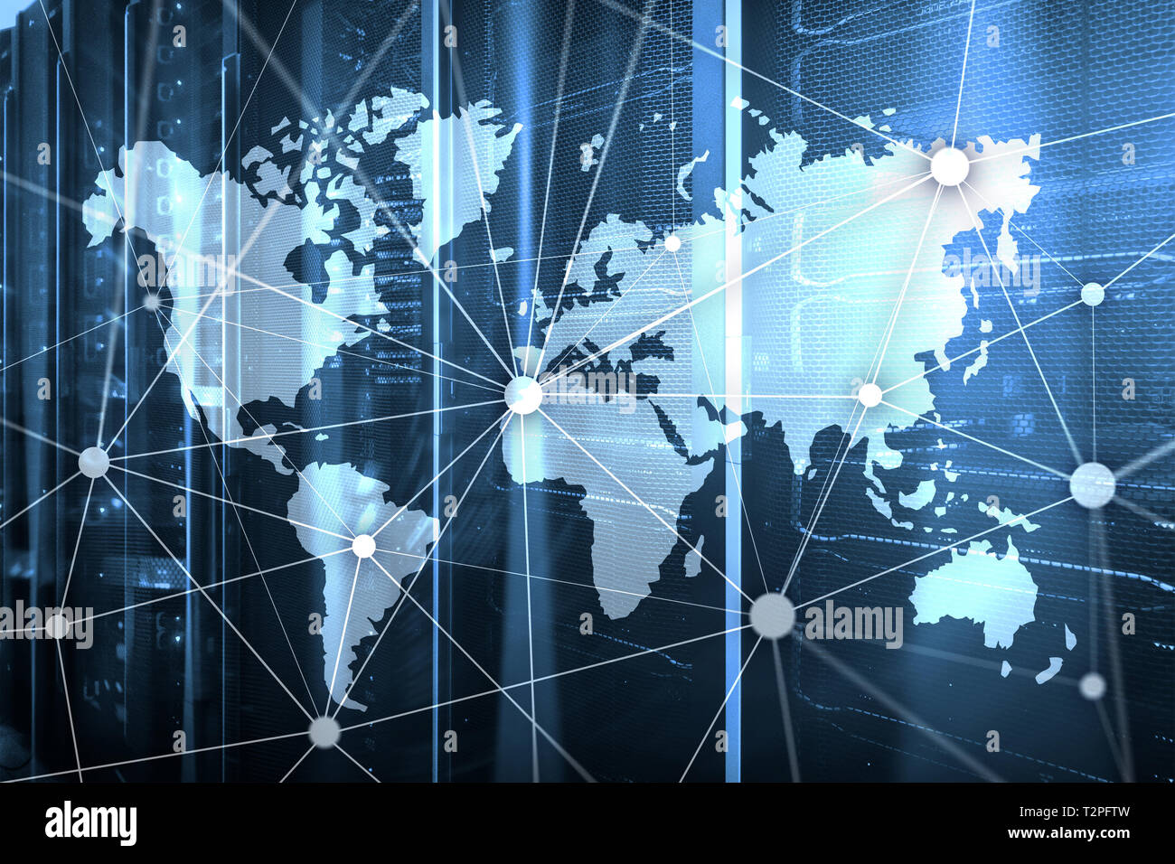 Weltkarte mit Kommunikation Netzwerk auf dem server Raumhintergrund Stockfoto