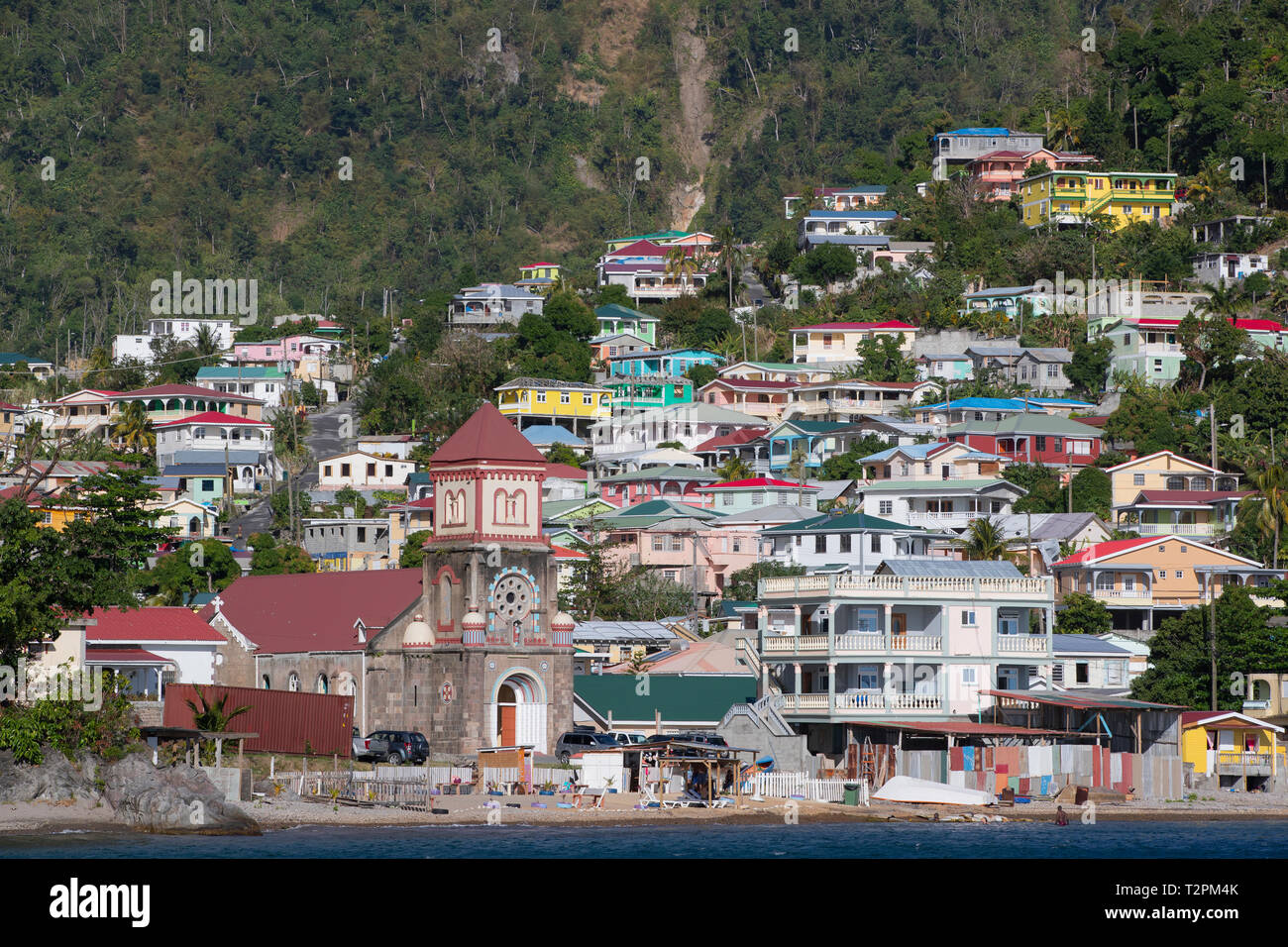 Blick auf das Dorf Soufrière, Dominica Stockfoto